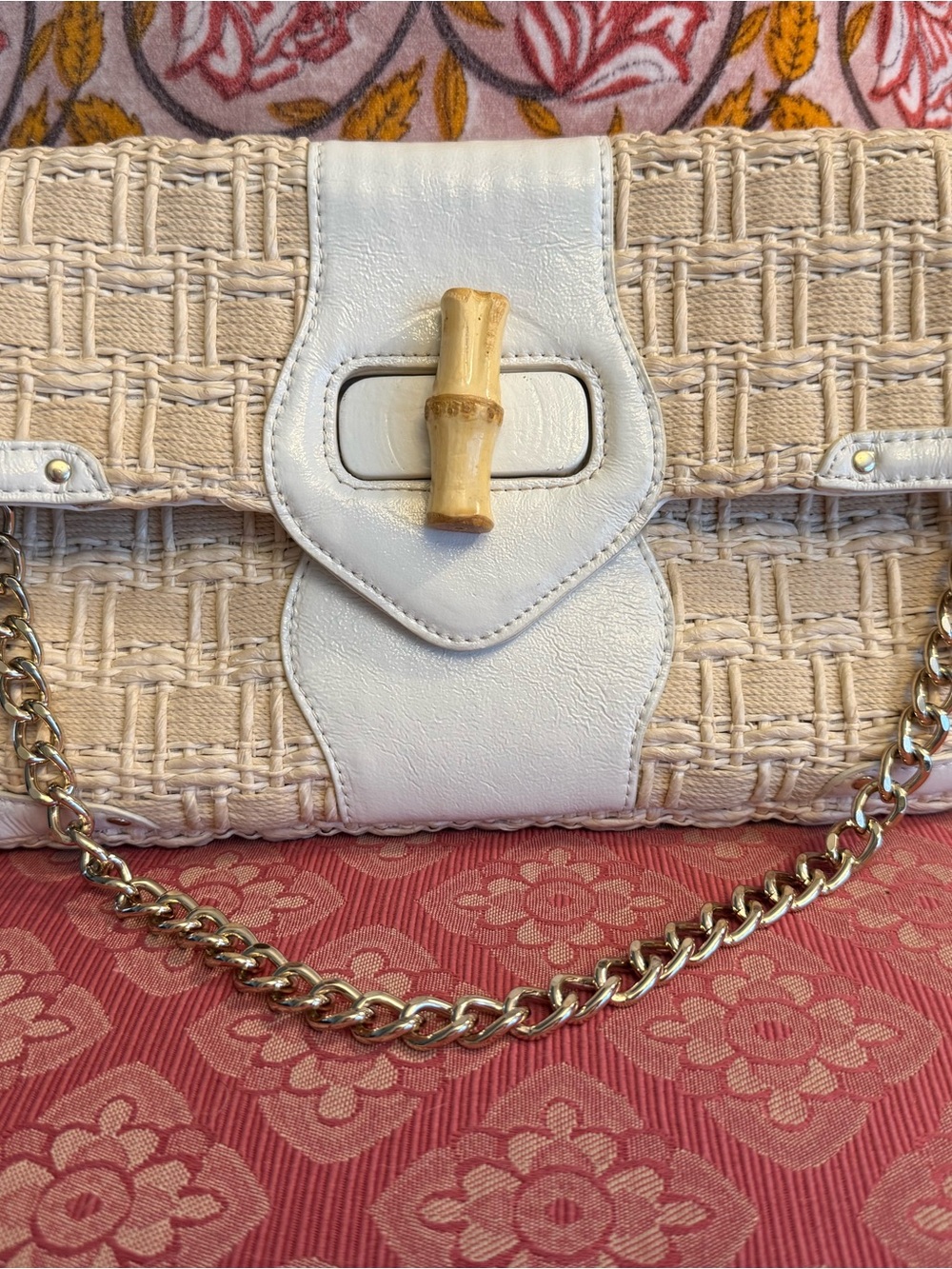 Elaine Turner Cream Woven Shoulder Bag with Bamboo Toggle